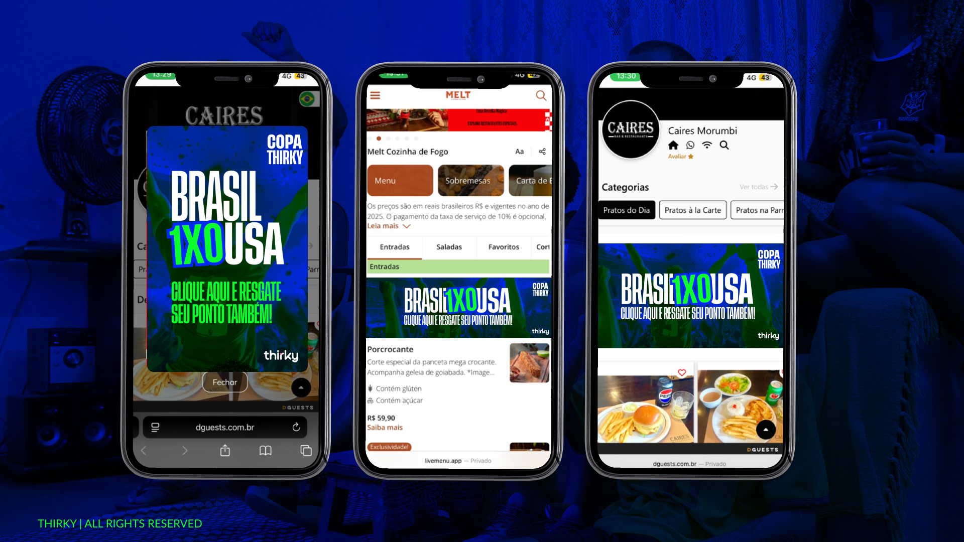 Campanhas reais da Thirky rodando em cardápios digitais — Coca-Cola, Red Bull, Brahma